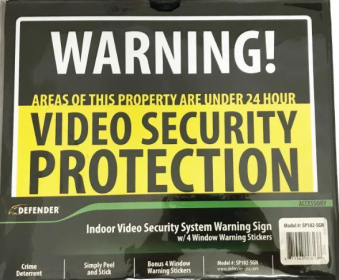 Defender Indoor Video Security System Warning Sign w/Stickers