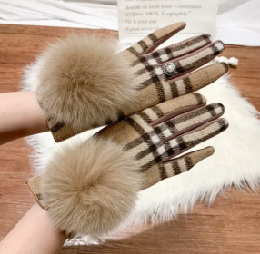 Women's Cashmere Gloves with Faux Fur & Fleece Lining (Color: Color 6 (Camel with Plaid))