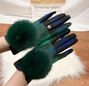 Women's Cashmere Gloves with Faux Fur & Fleece Lining (Color: Color 10 (Green with Plaid))