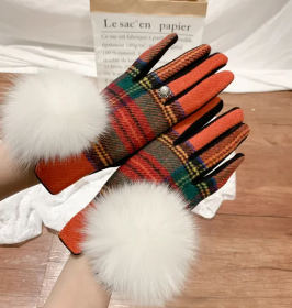 Women's Cashmere Gloves with Faux Fur & Fleece Lining (Color: Color 7 (Orange with Plaid))