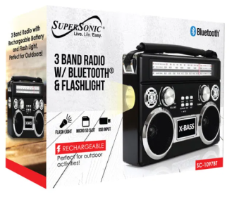 Supersonic Portable 3 Band Radio with Bluetooth and Flashlight (Color: Black)