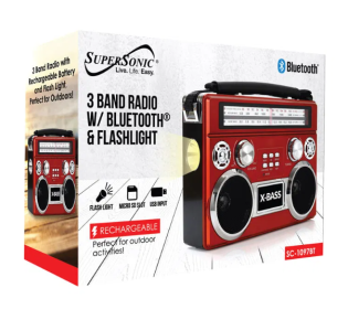 Supersonic Portable 3 Band Radio with Bluetooth and Flashlight (Color: Red)