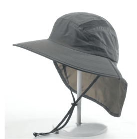 Wide Brim Sun Screen Hat With Neck Flap (Color: Dark Grey)