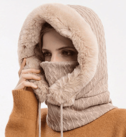 Winter Fleece Balaclava with Neck Warmer and Face Cover (Color: Beige)