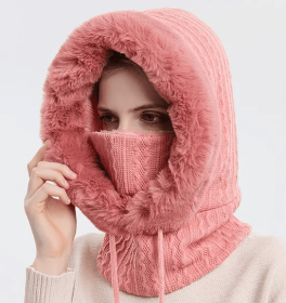 Winter Fleece Balaclava with Neck Warmer and Face Cover (Color: Dark Pink)