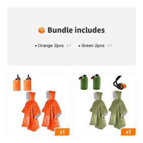 2pcs Emergency Blanket Poncho (Color: Orange 2pcs+Green 2pcs)